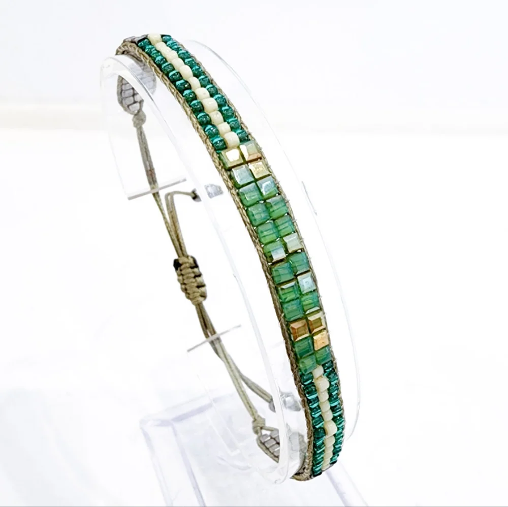 Boho dainty bracelet petite seed beads adjustable length green golden lime gold